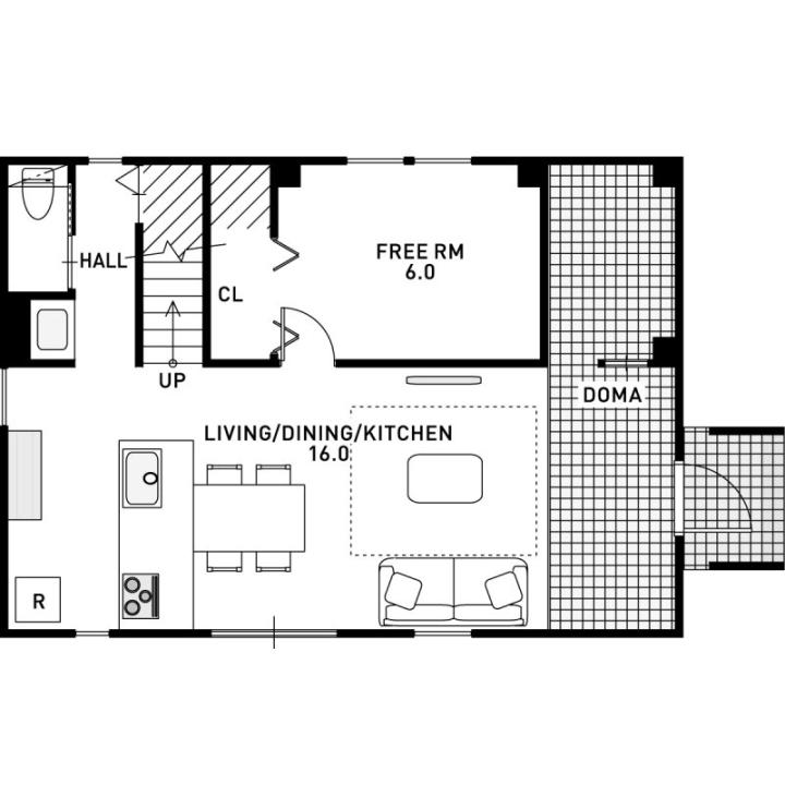 土間のある暮らしを楽しむ、 ヴィンテージテイストの家の1F間取り図