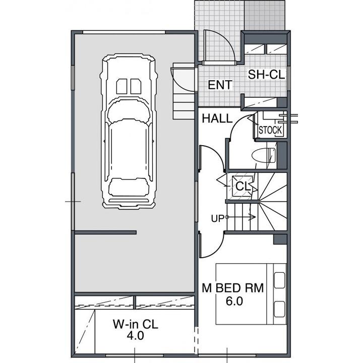 ペットとの暮らしを楽しむ、こだわりのガレージハウスの1F間取り図
