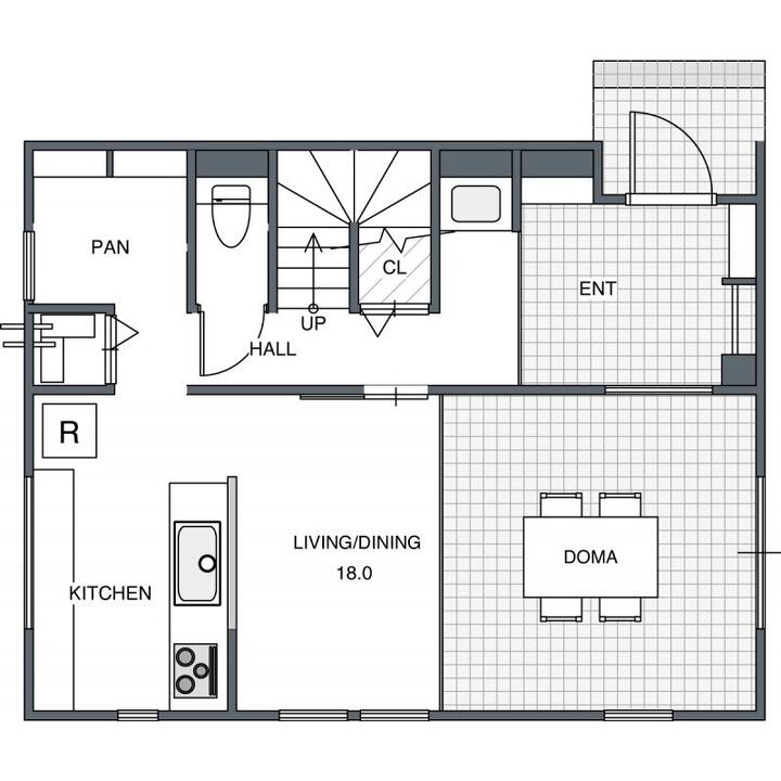 趣味を満喫する、土間リビングのある家の1F間取り図