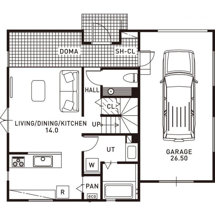 趣味の道具に囲まれて暮らす、土間とガレージのある家。の1F間取り図
