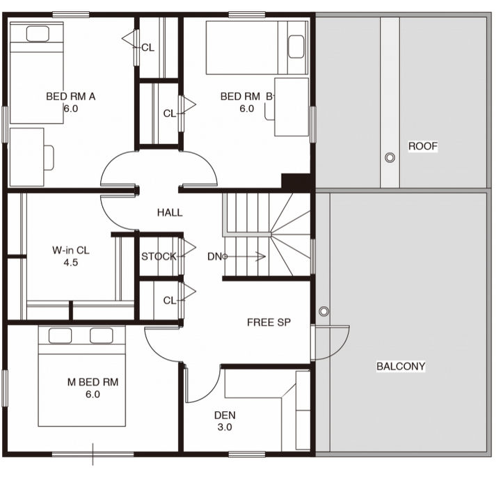 白×グレーにアイアンの黒が映える、シンプルビンテージなガレージハウスの2F間取り図