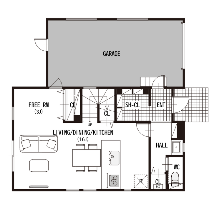 ガレージ×バルコニー 趣味も家族時間も楽しむ家の1F間取り図