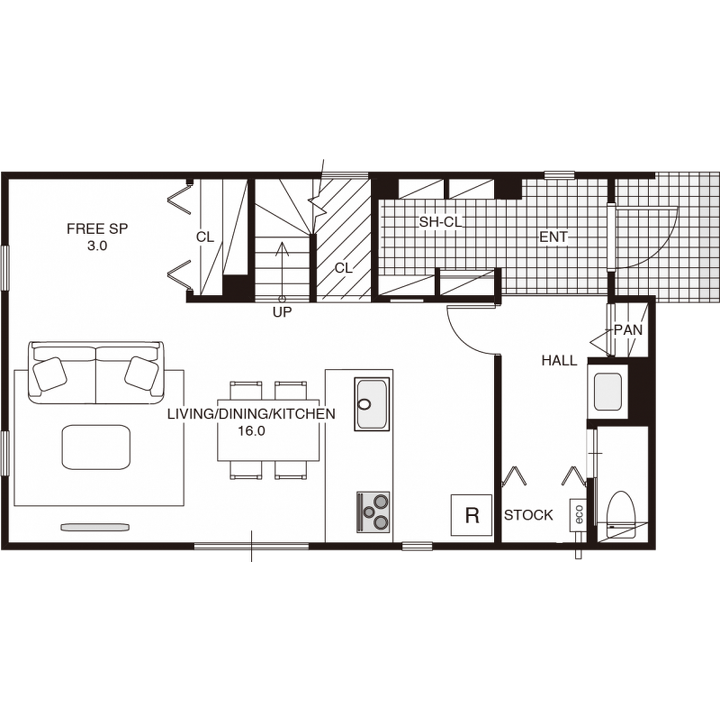 ペットと暮らす、ヴィンテージテイストの家の1F間取り図