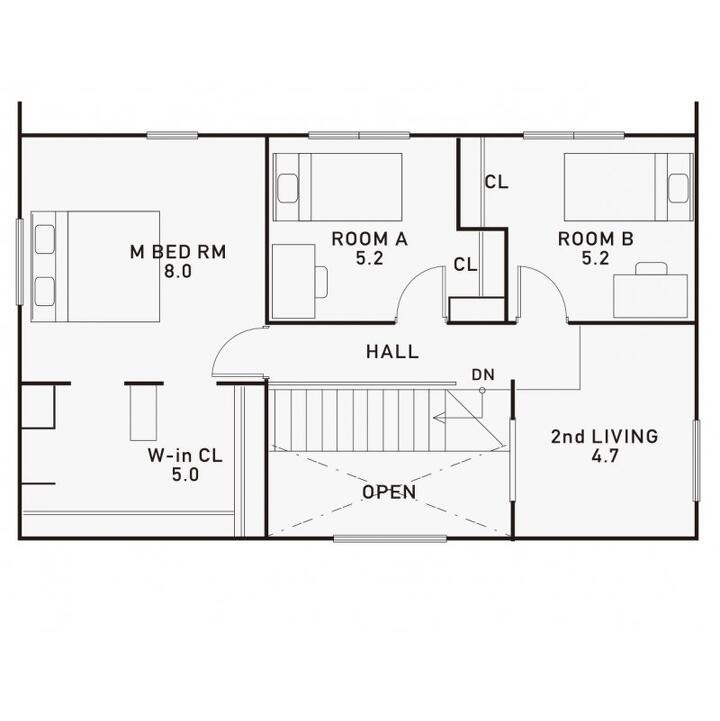 開放的な吹き抜けと趣味を楽しむ土間のある家。の2F間取り図