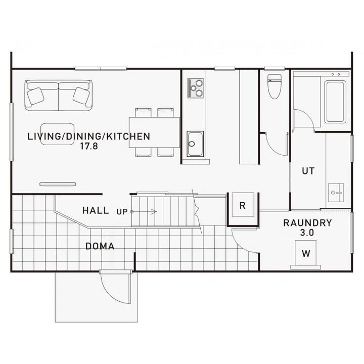 開放的な吹き抜けと趣味を楽しむ土間のある家。の1F間取り図