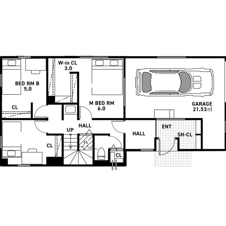 アメカジ工務店初 ! 土地を有効活用したフロントガレージの家の1F間取り図