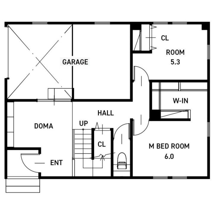 ガレージ＆ロフト、土間。 自由な空間が遊び心を刺激する家。の1F間取り図