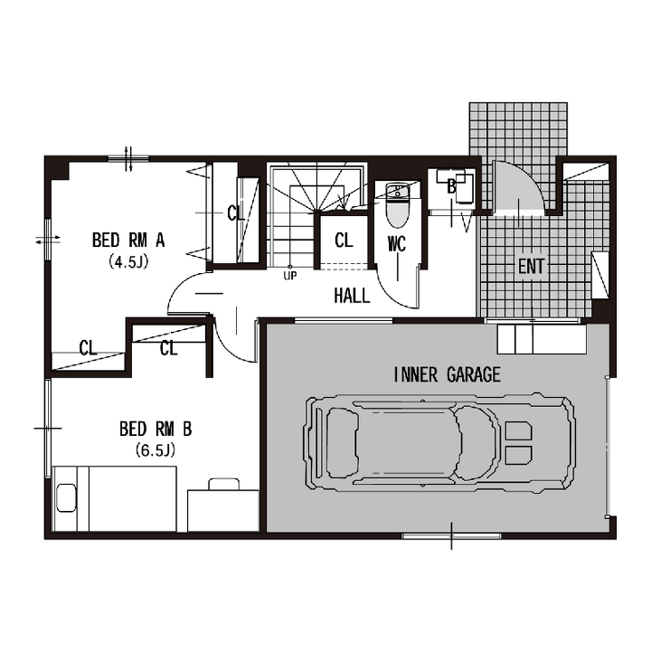 キャンプをもっと楽しむための、遊び心たっぷりのガレージのある家。の1F間取り図