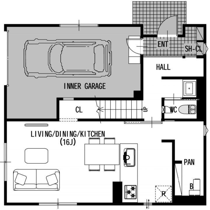 バイク好きがこだわり抜いた、インナーガレージを眺める暮らしの1F間取り図