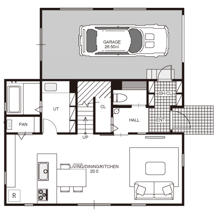 自分たちらしく、おしゃれに楽しく暮らすガレージハウスの1F間取り図