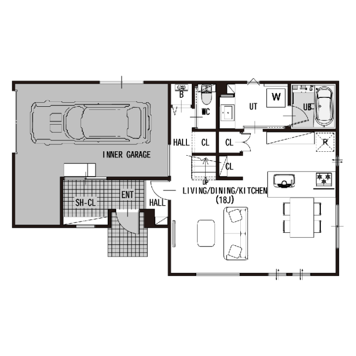 ビンテージテイストがカッコいい、こだわりのガレージハウスの1F間取り図