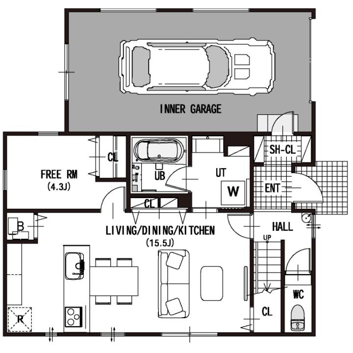 家族のこだわりを詰め込んだ マリン＆ヴィンテージなガレージハウスの1F間取り図
