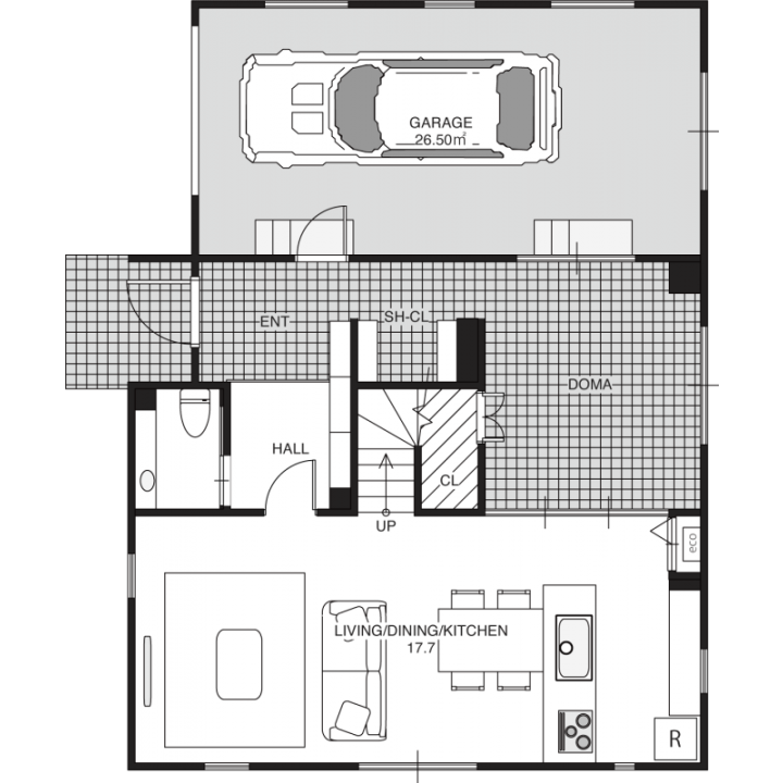 遊び×くつろぐ。仲間が集うガレージハウスの1F間取り図